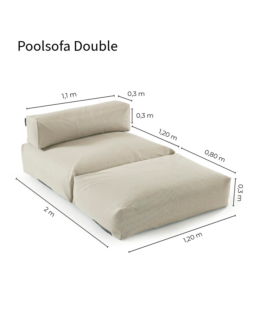 Skizze, die die genauen Maße des Poolsofa double zeigt. $ Poolsofa Double